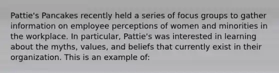 Pattie's Pancakes recently held a series of focus groups to gather information on employee perceptions of women and minorities in the workplace. In particular, Pattie's was interested in learning about the myths, values, and beliefs that currently exist in their organization. This is an example of: