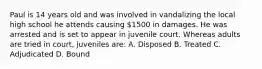 Paul is 14 years old and was involved in vandalizing the local high school he attends causing 1500 in damages. He was arrested and is set to appear in juvenile court. Whereas adults are tried in court, juveniles are: A. Disposed B. Treated C. Adjudicated D. Bound