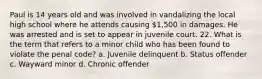 Paul is 14 years old and was involved in vandalizing the local high school where he attends causing 1,500 in damages. He was arrested and is set to appear in juvenile court. 22. What is the term that refers to a minor child who has been found to violate the penal code? a. Juvenile delinquent b. Status offender c. Wayward minor d. Chronic offender