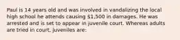 Paul is 14 years old and was involved in vandalizing the local high school he attends causing 1,500 in damages. He was arrested and is set to appear in juvenile court. Whereas adults are tried in court, juveniles are: