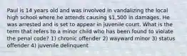 Paul is 14 years old and was involved in vandalizing the local high school where he attends causing 1,500 in damages. He was arrested and is set to appear in juvenile court. What is the term that refers to a minor child who has been found to violate the penal code? 1) chronic offender 2) wayward minor 3) status offender 4) juvenile delinquent