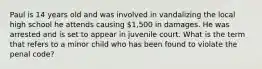 Paul is 14 years old and was involved in vandalizing the local high school he attends causing 1,500 in damages. He was arrested and is set to appear in juvenile court. What is the term that refers to a minor child who has been found to violate the penal code?