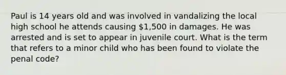 Paul is 14 years old and was involved in vandalizing the local high school he attends causing 1,500 in damages. He was arrested and is set to appear in juvenile court. What is the term that refers to a minor child who has been found to violate the penal code?