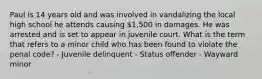 Paul is 14 years old and was involved in vandalizing the local high school he attends causing 1,500 in damages. He was arrested and is set to appear in juvenile court. What is the term that refers to a minor child who has been found to violate the penal code? - Juvenile delinquent - Status offender - Wayward minor