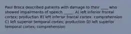 Paul Broca described patients with damage to their ____ who showed impairments of speech _____. A) left inferior frontal cortex; production B) left inferior frontal cortex; comprehension C) left superior temporal cortex; production D) left superior temporal cortex; comprehension