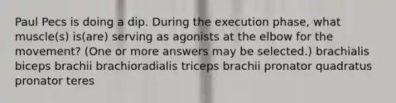 Paul Pecs is doing a dip. During the execution phase, what muscle(s) is(are) serving as agonists at the elbow for the movement? (One or more answers may be selected.) brachialis biceps brachii brachioradialis triceps brachii pronator quadratus pronator teres