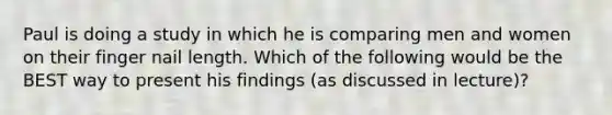 Paul is doing a study in which he is comparing men and women on their finger nail length. Which of the following would be the BEST way to present his findings (as discussed in lecture)?