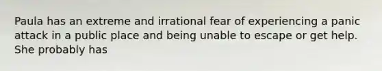 Paula has an extreme and irrational fear of experiencing a panic attack in a public place and being unable to escape or get help. She probably has