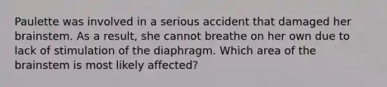 Paulette was involved in a serious accident that damaged her brainstem. As a result, she cannot breathe on her own due to lack of stimulation of the diaphragm. Which area of the brainstem is most likely affected?