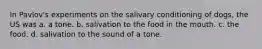 In Pavlov's experiments on the salivary conditioning of dogs, the US was a. a tone. b. salivation to the food in the mouth. c. the food. d. salivation to the sound of a tone.