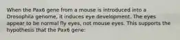 When the Pax6 gene from a mouse is introduced into a Drosophila genome, it induces eye development. The eyes appear to be normal fly eyes, not mouse eyes. This supports the hypothesis that the Pax6 gene: