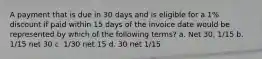 A payment that is due in 30 days and is eligible for a 1% discount if paid within 15 days of the invoice date would be represented by which of the following terms? a. Net 30, 1/15 b. 1/15 net 30 c. 1/30 net 15 d. 30 net 1/15