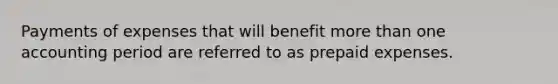 Payments of expenses that will benefit more than one accounting period are referred to as prepaid expenses.