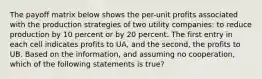 The payoff matrix below shows the per-unit profits associated with the production strategies of two utility companies: to reduce production by 10 percent or by 20 percent. The first entry in each cell indicates profits to UA, and the second, the profits to UB. Based on the information, and assuming no cooperation, which of the following statements is true?