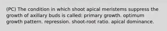 (PC) The condition in which shoot apical meristems suppress the growth of axillary buds is called: primary growth. optimum growth pattern. repression. shoot-root ratio. apical dominance.