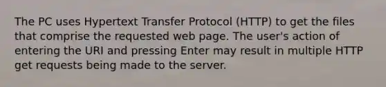 The PC uses Hypertext Transfer Protocol (HTTP) to get the files that comprise the requested web page. The user's action of entering the URI and pressing Enter may result in multiple HTTP get requests being made to the server.