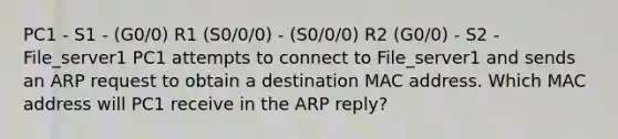 PC1 - S1 - (G0/0) R1 (S0/0/0) - (S0/0/0) R2 (G0/0) - S2 - File_server1 PC1 attempts to connect to File_server1 and sends an ARP request to obtain a destination MAC address. Which MAC address will PC1 receive in the ARP reply?