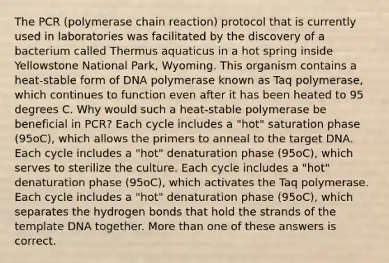 The PCR (polymerase chain reaction) protocol that is currently used in laboratories was facilitated by the discovery of a bacterium called Thermus aquaticus in a hot spring inside Yellowstone National Park, Wyoming. This organism contains a heat-stable form of DNA polymerase known as Taq polymerase, which continues to function even after it has been heated to 95 degrees C. Why would such a heat-stable polymerase be beneficial in PCR? Each cycle includes a "hot" saturation phase (95oC), which allows the primers to anneal to the target DNA. Each cycle includes a "hot" denaturation phase (95oC), which serves to sterilize the culture. Each cycle includes a "hot" denaturation phase (95oC), which activates the Taq polymerase. Each cycle includes a "hot" denaturation phase (95oC), which separates the hydrogen bonds that hold the strands of the template DNA together. More than one of these answers is correct.