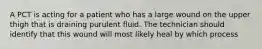 A PCT is acting for a patient who has a large wound on the upper thigh that is draining purulent fluid. The technician should identify that this wound will most likely heal by which process