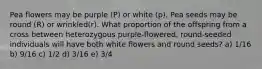 Pea flowers may be purple (P) or white (p). Pea seeds may be round (R) or wrinkled(r). What proportion of the offspring from a cross between heterozygous purple-flowered, round-seeded individuals will have both white flowers and round seeds? a) 1/16 b) 9/16 c) 1/2 d) 3/16 e) 3/4