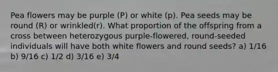 Pea flowers may be purple (P) or white (p). Pea seeds may be round (R) or wrinkled(r). What proportion of the offspring from a cross between heterozygous purple-flowered, round-seeded individuals will have both white flowers and round seeds? a) 1/16 b) 9/16 c) 1/2 d) 3/16 e) 3/4