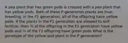 A pea plant that has green pods is crossed with a pea plant that has yellow pods. Both of these P-generation plants are true-breeding. In the F1 generation, all of the offspring have yellow pods. If the plants in the F1 generation are allowed to self-fertilize, then ¾ of the offspring in the F2 generation have yellow pods and ¼ of the F2 offspring have green pods What is the genotype of the yellow-pod plant in the P generation?