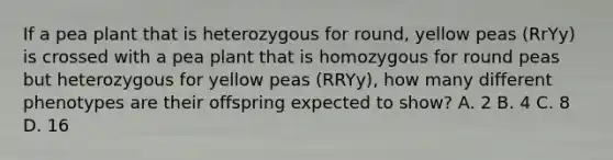 If a pea plant that is heterozygous for round, yellow peas (RrYy) is crossed with a pea plant that is homozygous for round peas but heterozygous for yellow peas (RRYy), how many different phenotypes are their offspring expected to show? A. 2 B. 4 C. 8 D. 16