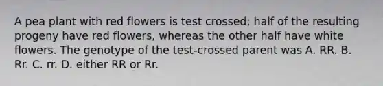 A pea plant with red flowers is test crossed; half of the resulting progeny have red flowers, whereas the other half have white flowers. The genotype of the test-crossed parent was A. RR. B. Rr. C. rr. D. either RR or Rr.