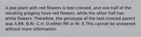 A pea plant with red flowers is test crossed, and one-half of the resulting progeny have red flowers, while the other half has white flowers. Therefore, the genotype of the test-crossed parent was A.RR. B.Rr. C.rr. D.either RR or Rr. E.This cannot be answered without more information.