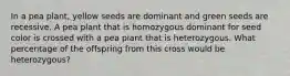 In a pea plant, yellow seeds are dominant and green seeds are recessive. A pea plant that is homozygous dominant for seed color is crossed with a pea plant that is heterozygous. What percentage of the offspring from this cross would be heterozygous?