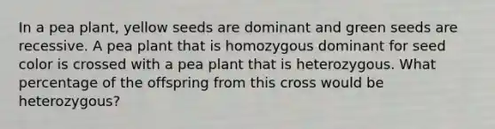 In a pea plant, yellow seeds are dominant and green seeds are recessive. A pea plant that is homozygous dominant for seed color is crossed with a pea plant that is heterozygous. What percentage of the offspring from this cross would be heterozygous?