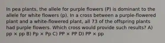 In pea plants, the allele for purple flowers (P) is dominant to the allele for white flowers (p). In a cross between a purple-flowered plant and a white-flowered plant, all 73 of the offspring plants had purple flowers. Which cross would provide such results? A) pp × pp B) Pp × Pp C) PP × PP D) PP × pp