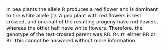 In pea plants the allele R produces a red flower and is dominant to the white allele (r). A pea plant with red flowers is test crossed, and one-half of the resulting progeny have red flowers, whereas the other half have white flowers. Therefore, the genotype of the test-crossed parent was RR. Rr. rr. either RR or Rr. This cannot be answered without more information.