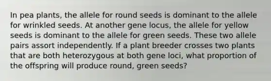 In pea plants, the allele for round seeds is dominant to the allele for wrinkled seeds. At another gene locus, the allele for yellow seeds is dominant to the allele for green seeds. These two allele pairs assort independently. If a plant breeder crosses two plants that are both heterozygous at both gene loci, what proportion of the offspring will produce round, green seeds?