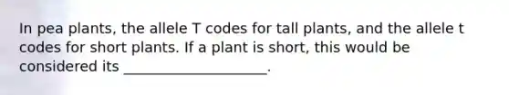 In pea plants, the allele T codes for tall plants, and the allele t codes for short plants. If a plant is short, this would be considered its ____________________.