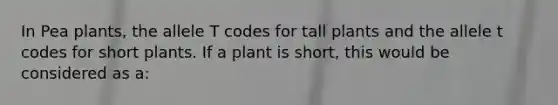 In Pea plants, the allele T codes for tall plants and the allele t codes for short plants. If a plant is short, this would be considered as a: