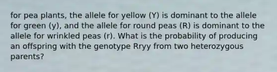 for pea plants, the allele for yellow (Y) is dominant to the allele for green (y), and the allele for round peas (R) is dominant to the allele for wrinkled peas (r). What is the probability of producing an offspring with the genotype Rryy from two heterozygous parents?