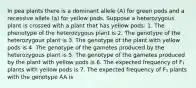 In pea plants there is a dominant allele (A) for green pods and a recessive allele (a) for yellow pods. Suppose a heterozygous plant is crossed with a plant that has yellow pods: 1. The phenotype of the heterozygous plant is 2. The genotype of the heterozygous plant is 3. The genotype of the plant with yellow pods is 4. The genotype of the gametes produced by the heterozygous plant is 5. The genotype of the gametes produced by the plant with yellow pods is 6. The expected frequency of F₁ plants with yellow pods is 7. The expected frequency of F₁ plants with the genotype AA is