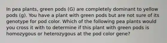 In pea plants, green pods (G) are completely dominant to yellow pods (g). You have a plant with green pods but are not sure of its genotype for pod color. Which of the following pea plants would you cross it with to determine if this plant with green pods is homozygous or heterozygous at the pod color gene?