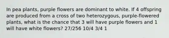 In pea plants, purple flowers are dominant to white. If 4 offspring are produced from a cross of two heterozygous, purple-flowered plants, what is the chance that 3 will have purple flowers and 1 will have white flowers? 27/256 10/4 3/4 1