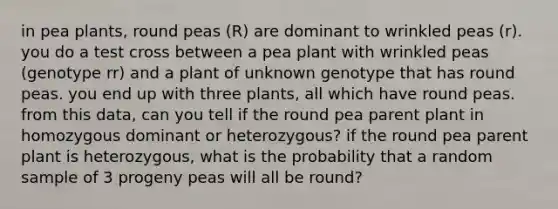 in pea plants, round peas (R) are dominant to wrinkled peas (r). you do a test cross between a pea plant with wrinkled peas (genotype rr) and a plant of unknown genotype that has round peas. you end up with three plants, all which have round peas. from this data, can you tell if the round pea parent plant in homozygous dominant or heterozygous? if the round pea parent plant is heterozygous, what is the probability that a random sample of 3 progeny peas will all be round?