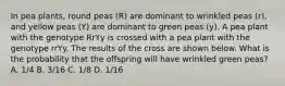 In pea plants, round peas (R) are dominant to wrinkled peas (r), and yellow peas (Y) are dominant to green peas (y). A pea plant with the genotype RrYy is crossed with a pea plant with the genotype rrYy. The results of the cross are shown below. What is the probability that the offspring will have wrinkled green peas? A. 1/4 B. 3/16 C. 1/8 D. 1/16