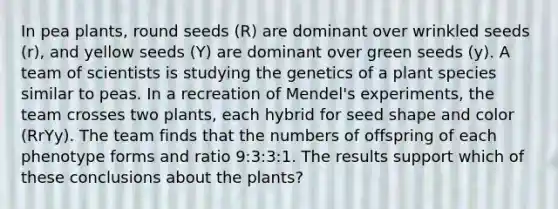 In pea plants, round seeds (R) are dominant over wrinkled seeds (r), and yellow seeds (Y) are dominant over green seeds (y). A team of scientists is studying the genetics of a plant species similar to peas. In a recreation of Mendel's experiments, the team crosses two plants, each hybrid for seed shape and color (RrYy). The team finds that the numbers of offspring of each phenotype forms and ratio 9:3:3:1. The results support which of these conclusions about the plants?