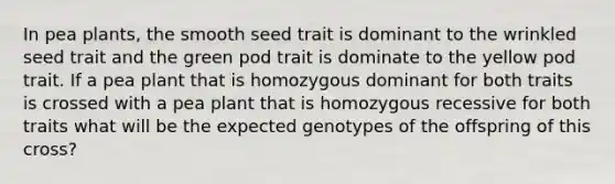 In pea plants, the smooth seed trait is dominant to the wrinkled seed trait and the green pod trait is dominate to the yellow pod trait. If a pea plant that is homozygous dominant for both traits is crossed with a pea plant that is homozygous recessive for both traits what will be the expected genotypes of the offspring of this cross?