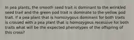 In pea plants, the smooth seed trait is dominant to the wrinkled seed trait and the green pod trait is dominate to the yellow pod trait. If a pea plant that is homozygous dominant for both traits is crossed with a pea plant that is homozygous recessive for both traits what will be the expected phenotypes of the offspring of this cross?