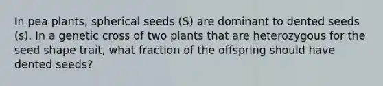 In pea plants, spherical seeds (S) are dominant to dented seeds (s). In a genetic cross of two plants that are heterozygous for the seed shape trait, what fraction of the offspring should have dented seeds?