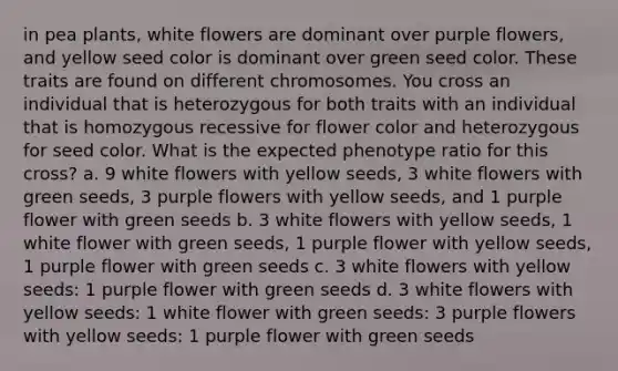 in pea plants, white flowers are dominant over purple flowers, and yellow seed color is dominant over green seed color. These traits are found on different chromosomes. You cross an individual that is heterozygous for both traits with an individual that is homozygous recessive for flower color and heterozygous for seed color. What is the expected phenotype ratio for this cross? a. 9 white flowers with yellow seeds, 3 white flowers with green seeds, 3 purple flowers with yellow seeds, and 1 purple flower with green seeds b. 3 white flowers with yellow seeds, 1 white flower with green seeds, 1 purple flower with yellow seeds, 1 purple flower with green seeds c. 3 white flowers with yellow seeds: 1 purple flower with green seeds d. 3 white flowers with yellow seeds: 1 white flower with green seeds: 3 purple flowers with yellow seeds: 1 purple flower with green seeds