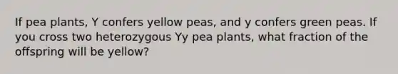 If pea plants, Y confers yellow peas, and y confers green peas. If you cross two heterozygous Yy pea plants, what fraction of the offspring will be yellow?