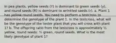 In pea plants, yellow seeds (Y) is dominant to green seeds (y), and round seeds (R) is dominant to wrinkled seeds (r). a. Plant 1 has yellow round seeds. You need to perform a testcross to determine the genotype of the plant 1. In the testcross, what will be the genotype of the tester plant that you will cross with plant 1? b. The offspring ratio from the testcross is approximately ½ yellow, round seeds: ½ green, round seeds. What is the most likely genotype of plant 1?