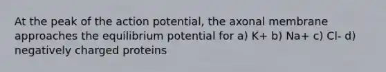 At the peak of the action potential, the axonal membrane approaches the equilibrium potential for a) K+ b) Na+ c) Cl- d) negatively charged proteins